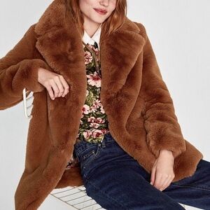 EUC ZARA WOMAN BROWN TEDDY BEAR. FAUX FUR GLAM FURRY RAVE HIPPIE PEA COAT BLAZER